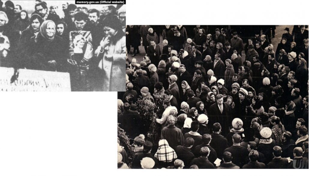 Зліва — Василь Стус тримає портрет Алли Горської на її похороні. Справа — натовп, який прийшов проводити мисткиню в останню путь 7 грудня 1970 року. Фото: Memory.gov.ua